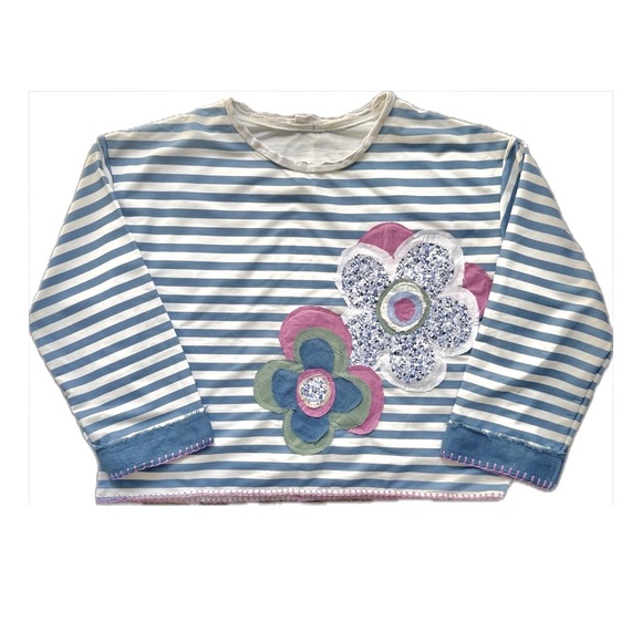 Boho Striped Floral Patch Top Oversized Ice Blue White Raw Edge Hand Stitch M/L - Picture 11 of 12